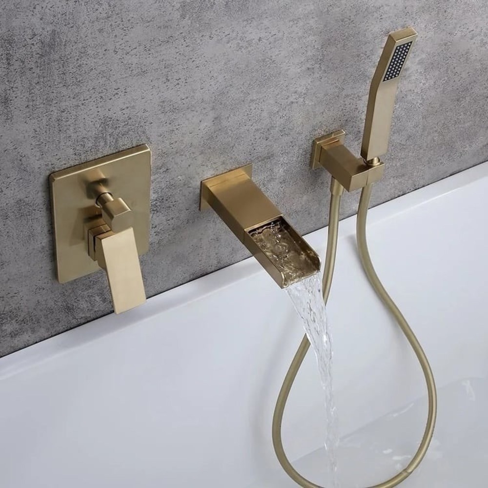 Modern Waterfall Wall-Mount Solid Brass‎ Bathtub Faucet With Handheld Shower